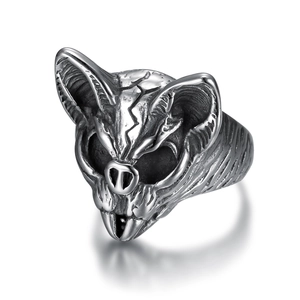 Gothic punk bat head ring in stainless steel with vintage silver oxidized finish