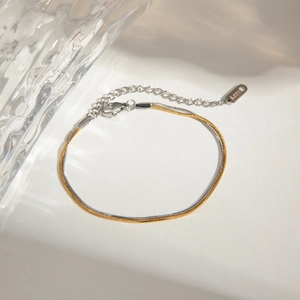Two-tone silver and gold stainless steel snake chain bracelet with adjustable clasp