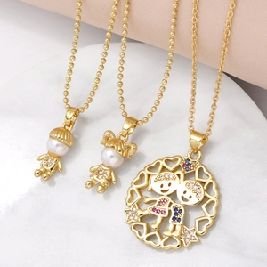 Gold Plated Copper Pendant Necklace Colorful Zircon Cartoon Boy Girl Heart Charms Faux Artificial Pearl Clavicle Chain For Women