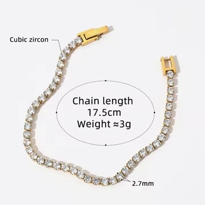 Detail view of 2.7mm gold tennis bracelet with cubic zircon stones and size specs
