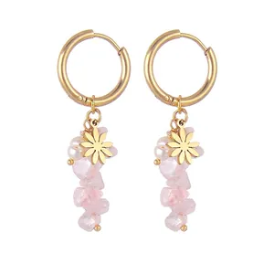 Vintage 14K Gold Plated Stainless Steel Hoop Earrings With Natural Stone And Artificial Pearl Butterfly Wings Octagram For Women