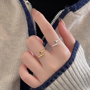 Minimalist 925 silver open rings in gold and silver with black zircon dot accents