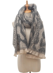 Detailed knit texture and fringe of a grey and beige leopard print scarf on mannequin