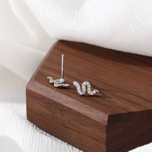 Sparkling S925 sterling silver snake stud earrings with pavé cubic zirconia accents