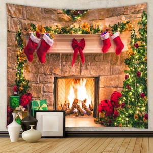 Christmas tree tapestry with a warm fireplace scene for cozy interior wall decoration