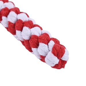 Red and white cotton rope dog chew toy with Christmas candy cane spiral weave pattern