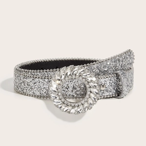 Women's silver glitter belt featuring a round buckle with sparkling rhinestones and beads