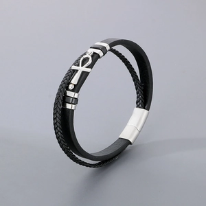 Multilayer black woven leather bracelet with silver Ankh cross and magnetic clasp