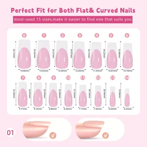Size chart showing 15 specifications for matte french press-on nails with measurements