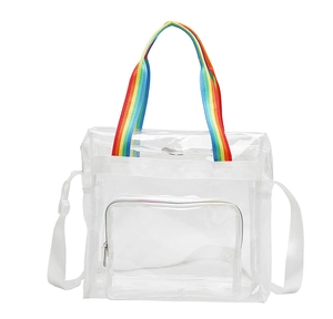 Detailed view of clear PVC tote bag with rainbow handles and front zipper pocket