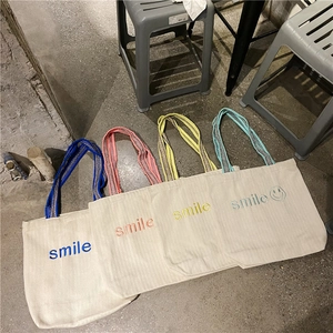 Smile Embroidery Canvas Corduroy Tote Bag Women Large Capacity Shoulder Bag With Ethnic Woven Beaded Strap Casual Handbag