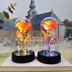 Detail of two orange gold foil roses in glass domes with glowing LED lights on black bases