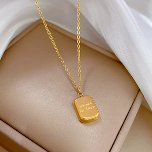 Minimalist gold titanium steel necklace with square 'where is love' engraved pendant