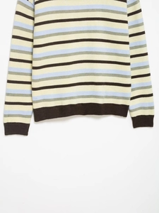 Detailed close-up of pastel striped knit texture and ribbed cuffs on the sleeve