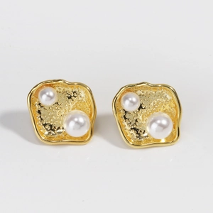 18k gold plated irregular lava flower earrings with pearls on white background
