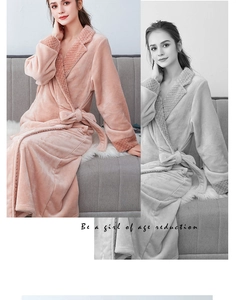 Detail of coral fleece robe featuring a large lapel and quilted diamond pattern edges