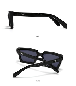 Detail view of black square sunglasses showing side view and silver arrow metal decor