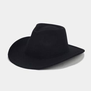 Close-up of a classic black wool fedora hat with a pinched crown and wide flat brim