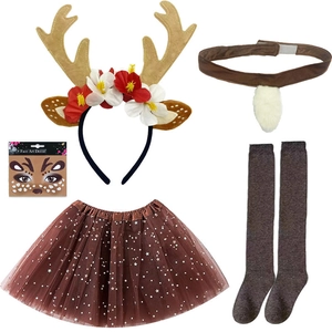 Brown reindeer costume set with antler headband, star tutu skirt, and fluffy tail accessory