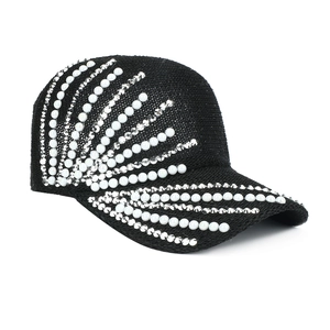 Fashionable black baseball cap with radiant pearls and rhinestones decoration for sun protection
