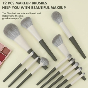 Close-up of 12pcs makeup brushes with soft fiber bristles and dual-tone handles