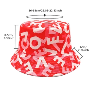 Reversible red bucket hat with LOVE print and 56-58cm head circumference specs