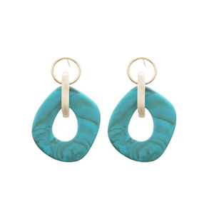 Irregular green marble resin drop earrings with gold hoops and white chain links