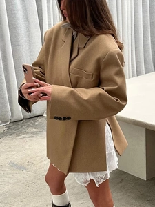 Oversized camel blazer detail showing the relaxed fit and four-button cuffs for women