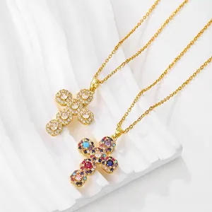 Collier Pendentif Croix Plaqué Or Acier Titane Zircone Cubique Colorée Blanche Bijoux Religieux Minimalistes Femmes