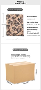 Détail du bavoir en polyester pour adultes avec motif floral et dimensions de l'emballage