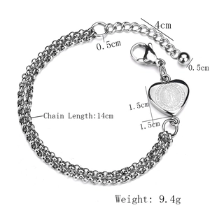 Bracelet double chaîne en acier inoxydable argenté avec pendentif cœur Notre-Dame de Guadalupe