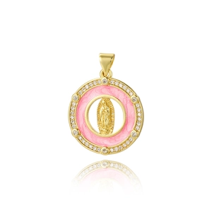 Golden Virgin Mary pendant with pink enamel and sparkling zircon stones on white background