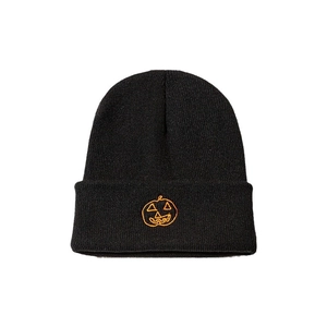 Japanese style black knitted beanie with orange Halloween pumpkin embroidery on the cuff