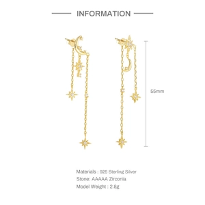 Detailed view of S925 sterling silver star and moon tassel earrings with 55mm length mark