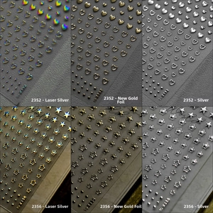 Detailed 3D relief nail stickers with metallic gold and silver heart and star patterns