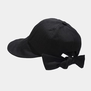 Close-up of black sun hat featuring a large decorative bow on the back for women
