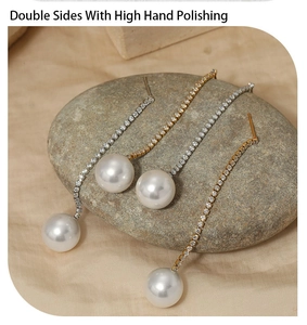 Detail of long pearl earrings featuring double-sided high hand polishing and zircon accents