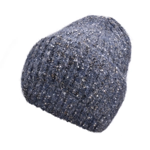Close-up of thick navy blue knit beanie with colorful flecks and soft wool texture