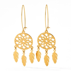 Detailed close-up of gold dreamcatcher earrings with delicate hanging feather pendants