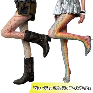 Women Rainbow Gradient Fishnet Pantyhose Nylon High Elastic Large Mesh Hollow Out Tights Punk Retro Streetwear Style