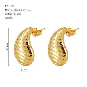 Detail of 18K gold plated stainless steel teardrop earrings with textured spiral design