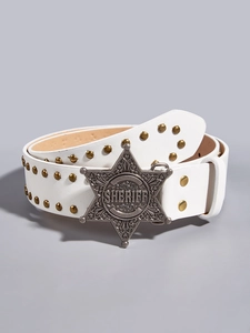 White punk style leather belt with brass rivets and sheriff star metal buckle detail
