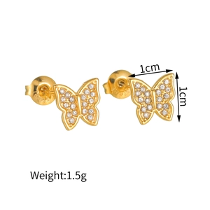 Minimalist gold butterfly stud earrings with sparkling white crystals and S925 hallmarks