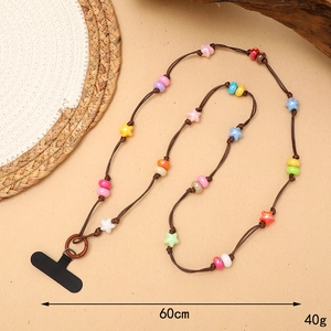 60cm colorful acrylic star beaded crossbody phone lanyard with brown woven rope strap