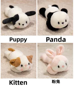 Detail view of plush puppy, panda, cat and pink rabbit toys in soft lying pose