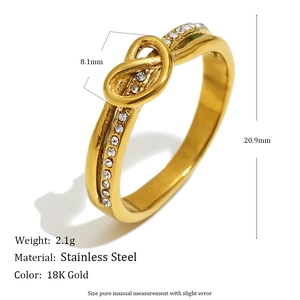 Cross-knot 18K gold plated stainless steel ring with micro-pave white crystals