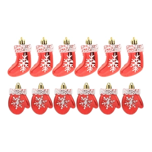 12-piece set of red Christmas stocking and glove ornaments with white snowflake patterns