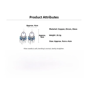 Detailed view of bohemian crystal fringe earrings with dimensions and material specs