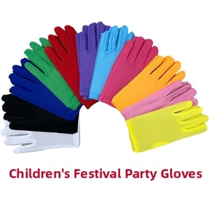 Close-up of colorful stretch knit gloves for kids in various bright festival colors