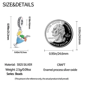 Detailed size specifications for the silver blue cocktail cup charm with S925 stamp